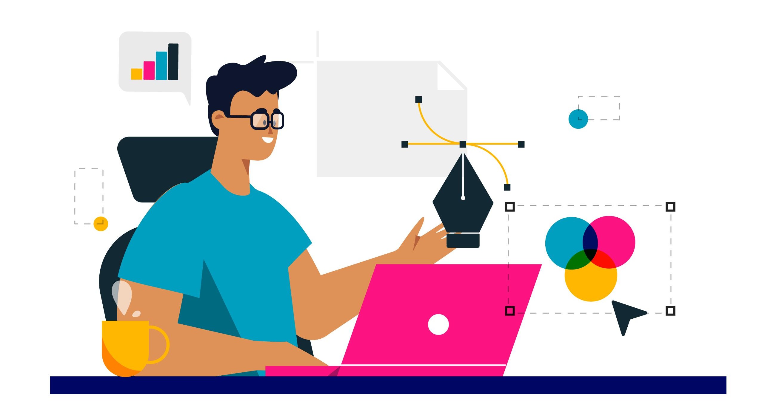 Ilustração vetorial sobre design gráfico, com fundo predominantemente branco e composição em estilo flat design. No centro, há um designer sentado diante de um computador portátil na cor rosa vibrante, utilizando óculos e uma camisa azul-turquesa. Ao lado do personagem aparecem elementos relacionados à criação gráfica, como uma caneca amarela, uma prancheta com curvas de edição vetorial, uma caneta de desenho digital na cor azul-marinho, círculos sobrepostos em ciano, magenta, amarelo e azul, além de ícones, gráficos, pontos de edição e linhas tracejadas que remetem a ferramentas de vetorização e edição de imagens. A ilustração utiliza cores sólidas e contrastantes, principalmente azul-marinho, azul-turquesa, rosa, amarelo, laranja e branco, com poucos detalhes de sombreamento. Na parte inferior, uma faixa horizontal azul-marinho representa a base da composição. É uma vetorização feita pela Vetorizar Imagem em Belo Horizonte.